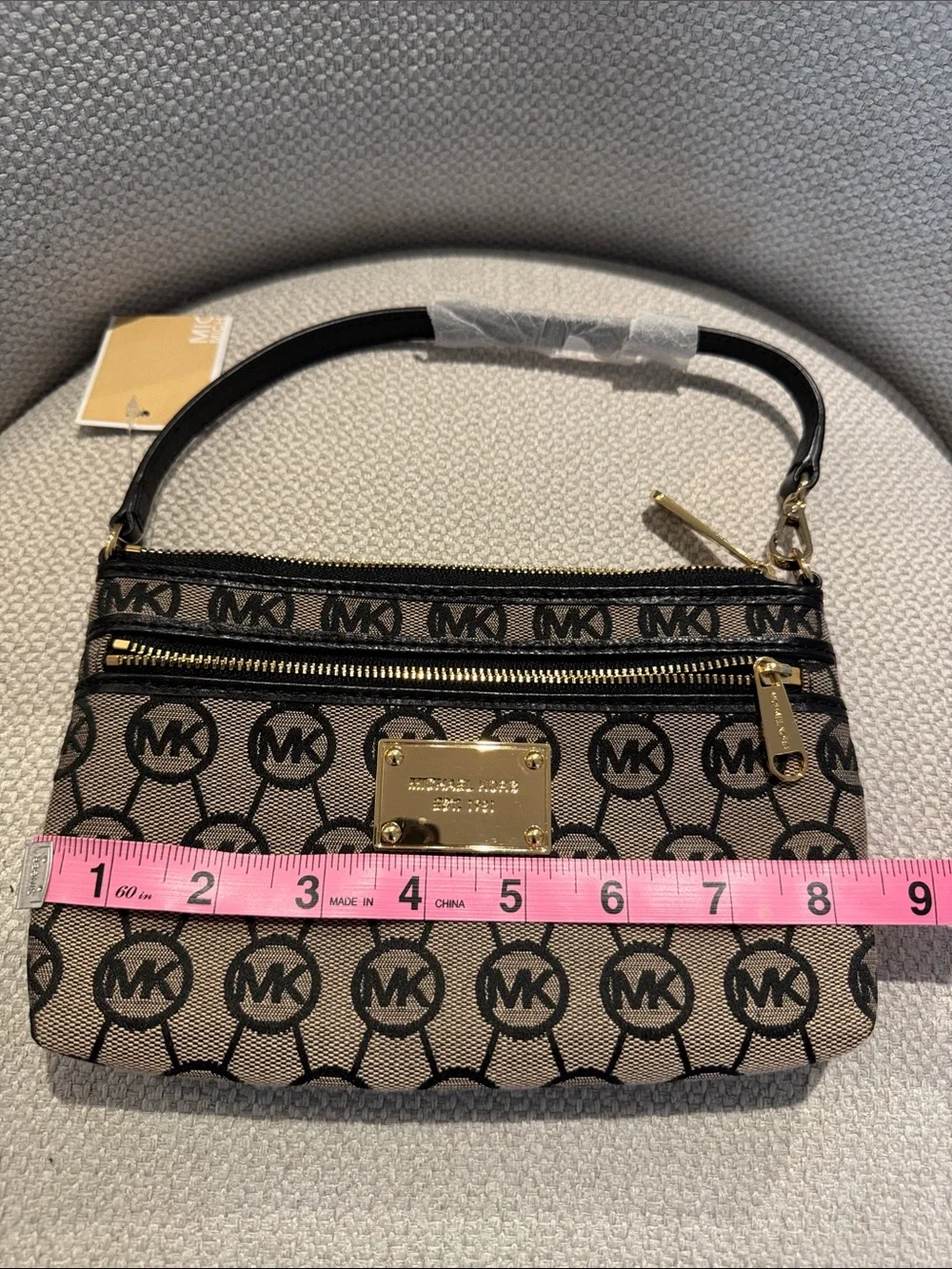 Michael Kors Beige & Black Monogram Jacquard Signature MK Wristlet